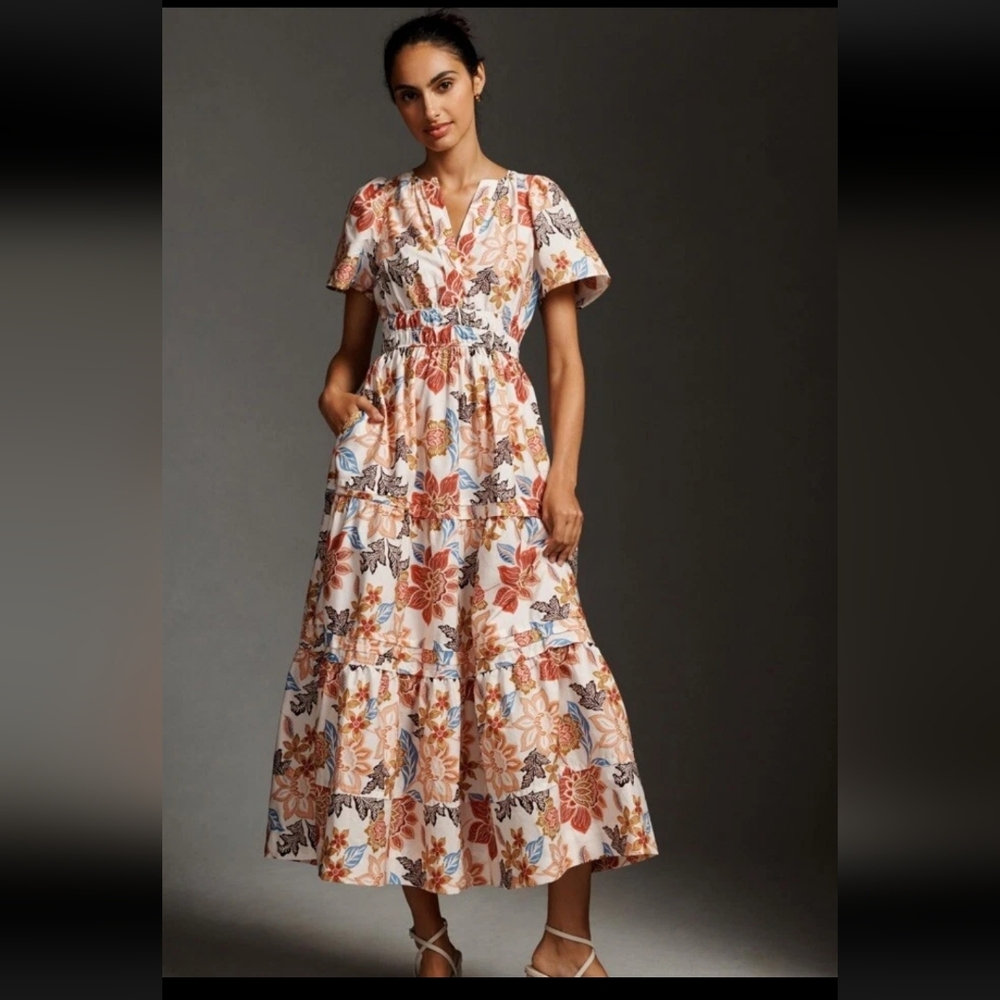 Anthropologie The Somerset Botanical Short Sleeve Tiered Ruffle Maxi Dress